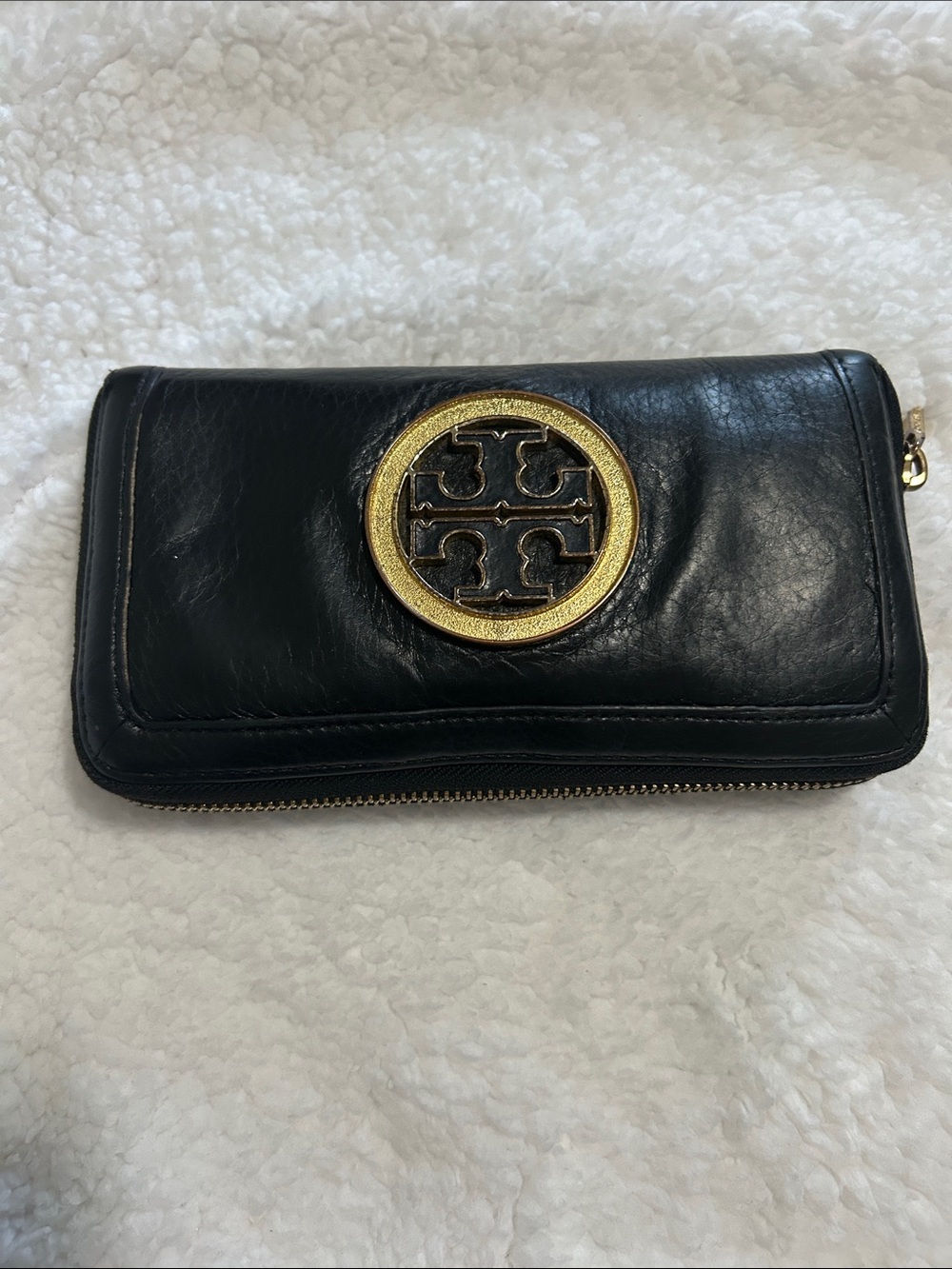 Tory Burch Black Leather Zip Continental Wallet with Gold Logo